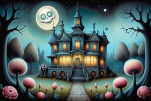 Cinematic scene - detailed, intricate strange haunted mansion with a garden of alien, weird, otherworldly never before seen colorful plants in the style of Nicoletta Ceccoli, Mark Ryden and Esao Andrews. night time full moon, glowing luminescent plants, flowers, trees, Nicoletta Ceccoli, Mark Ryden and Esao Andrews. 