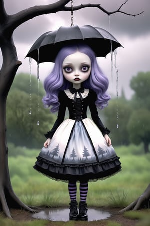 Cinematic scene - full body shot. in the style of Nicoletta Ceccoli, Mark Ryden and Esao Andrews. a picture of a pretty girl standing under a weeping willow tree in a rain storm.. rain drops are falling. there is lightning and dark storm clouds in the sky above. she has long waist-length pastel purple colored hair. she has gothic make-up on her eyes and face. she is wearing an elaborate high fashion gothic lolita, stockings and shoes.  (((perfect hands))) (((manicured fingernails))) ((((nail polish)))