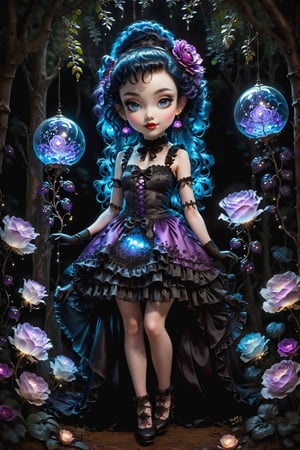 Cinematic full body shot of a beautiful young sweet gothic lolita woman in the artistic style of Nicoletta Ceccoli, Mark Ryden and Esao Andrews. minimalist style. sweet smile. bright blue eyes. long curly hair in twin ponytails with bangs. she is standing in a magical forest with beautiful trees, illuminated flowers, ferns, glowing colorful orbs. it is night time, full moon. dark sky outside of her window. she wears an elaborate gothic lolita dress in black, purple, white colors. gloves on her hands. elaborate large earrings, feeling of exquisite beauty, whimsical dreams and magic. extremely detailed, (((perfect female anatomy))). extremely detailed, in the style of esao andrews, full body shot. head to toe shot. dynamic pose.,zavy-hrglw