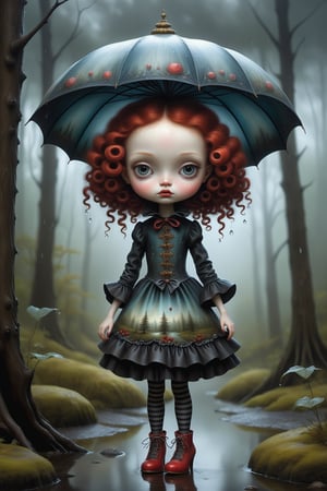 Cinematic scene - full body shot. in the style of Nicoletta Ceccoli, Mark Ryden and Esao Andrews. a picture of a pretty girl walking in a rainy wet forest. she has long vivid curly red hair. she is wearing an elaborate high fashion decorated rococo dress, stockings and shoes. there is lightning and dark storm clouds in the sky. rain is falling and she is getting wet. she is wearing an elaborate decorative umbrella hat. her hands are empty. in the style Nicoletta Ceccoli, Mark Ryden and Esao Andrews. dynamic pose. 