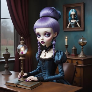 Cinematic shot of a beautiful young gothic lolita in the artistic style of Nicoletta Ceccoli, mark ryden and Esao Andrews. minimalist style. sweet smile. shiny long pastel multi-colored layered hair with pointy bangs. she has detailed vibrantpurple blue eyes. she has gothic dark make-up. she is sitting at her desk next to a crystal ball. it is night time, full moon outside of her window. her desk has a lit candelabra, ancient leather books, smakk skull, cat, old paintings on the walls. william morris gothic style wallpaper feeling of exquisite beauty, whimsical dreams and magic. extremely detailed, (((perfect female anatomy))). extremely detailed, in the style of esao andrews, full body shot. dynamic pose. (((manicured long painted fingernails))) (((perfect hands))) (((perfect fingers))).