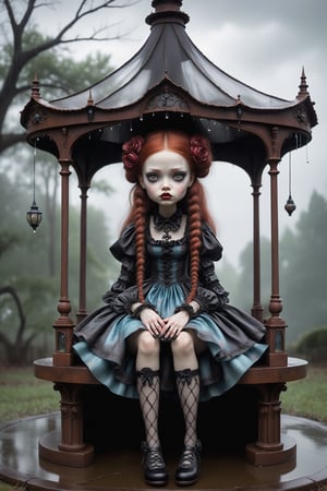 Cinematic scene - full body shot. in the style of Nicoletta Ceccoli, Mark Ryden and Esao Andrews. a picture of a pretty girl sitting under an elaborate gazebo in the pouring rain. rain is dripping and falling all around. she has long copper colored hair in elaborate braids and buns. she has gothic make-up on her eyes and face. she is wearing an elaborate high fashion gothic lolita, stockings and shoes. raindrops are falling from the sky. there is lightning and dark storm clouds in the sky. (((perfect hands))) (((manicured fingernails))) ((((nail polish)))