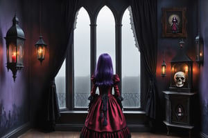Cinematic scene - long shot side view, a gothic small girl, vibrant purple long hair, bright purple eyes, elaborate earrings, necklace, wearing elaborate victorian gothic lolita dress in red black dark blue colors, black gloves. she is in her gothic room looking out her large window in the style Nicoletta Ceccoli, Mark Ryden and Esao Andrews. minimalist style. a detailed elaborate gothic bedroom. dark william morris style patterned wallpaper, creepy portraits on the walls, dolls, ancient leather spellbooks, lanterns, candles, skulls, witch brooms, ghosts. midnight. dark outside. full moon visible through large window. in the style of Esao Andrews, Nicoletta Ceccoli, REALISTIC