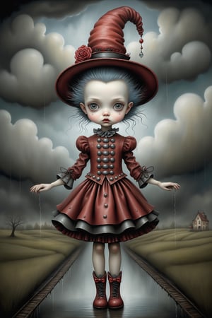 Cinematic scene - full body shot. in the style of Nicoletta Ceccoli, Mark Ryden and Esao Andrews. a detailed picture of a girl in an elaborate high fashion outfit soaking wet standing in the rain, lightning and stormy sky above her in the style Nicoletta Ceccoli, Mark Ryden and Esao Andrews. 