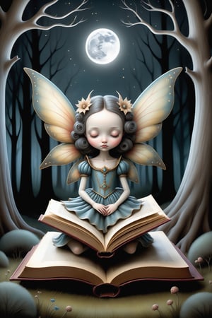 Cinematic scene - side view full body shot. in the style of Nicoletta Ceccoli, Mark Ryden and Esao Andrews. a detailed picture of a cute female fairy queen with elaborate fairy costume and elaborate fairy wings sleeping eyes closed on a giant elaborate illustrated open book under a full moon in a magical forest at night.
