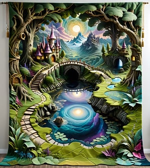 3d style textured intricate and detailed magical fairyland landscape world that is woven inside a textile thick tapestry, known as the Fugue, to safeguard it from both inquisitive humans and hostile supernatural foes. weaveworld by clive barker, tapestry, detailed intricate magical realm woven into a tapestry or rug. exquisitely woven carpet 
