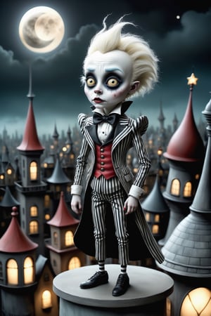 Cinematic scene - full body shot. in the style of Nicoletta Ceccoli, Mark Ryden and Esao Andrews. a detailed picture of beetlejuice in elaborate high fashion outfit on the roof of a high rise building in a gothic city at night under the full moon in the style of Nicoletta Ceccoli, Mark Ryden and Esao Andrews. 