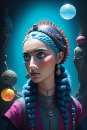 (masterpiece, best quality, ultra-detailed, best shadow), (detailed background,dark fantasy), (beautiful detailed face), high contrast, (best illumination, an extremely delicate and beautiful), ((cinematic light)), colorful, hyper detail, dramatic light, intricate details, Cute big headed large ice blue eyed indian girl with multi-colored pastel hair. she wears a crown. She’s on an alien planet. in front of her at eye level is a glowing glass orb with a small detailed intricate alien world visible inside. The world is floating in the glass circle. She is looking with curious expression at the floating orb. she is an attractive alien girl in a futuristic outfit, decorated heavily with vibrant colors,