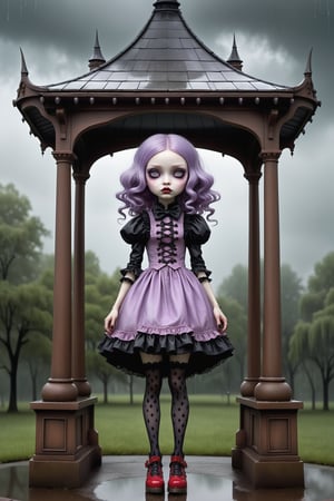 Cinematic scene - full body shot. in the style of Nicoletta Ceccoli, Mark Ryden and Esao Andrews. a picture of a pretty girl standing under a tall gazebo in a park in the pouring rain. rain drops are falling. there is lightning and dark storm clouds in the sky above. she has long waist-length pastel purple colored hair. she has gothic make-up on her eyes and face. she is wearing an elaborate high fashion gothic lolita, stockings and shoes.  (((perfect hands))) (((manicured fingernails))) ((((nail polish)))