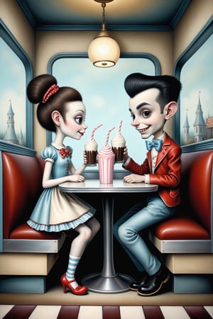 Cinematic scene - full body shot. in the style of Nicoletta Ceccoli, Mark Ryden and Esao Andrews. a detailed picture of a happy playful Rockabily teen boy and teen girl sitting at a booth in a diner with milkshakes looking at each other smiling in a 1950's diner in elaborate high fashion Rockabilly clothes in the style Nicoletta Ceccoli, Mark Ryden and Esao Andrews. 