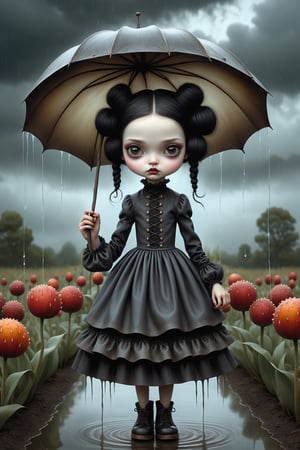 Cinematic scene - full body shot. in the style of Nicoletta Ceccoli, Mark Ryden and Esao Andrews. a detailed picture of a girl with long jet black hair in elaborate buns and braids walking in the rain without an umbrella. she is wearing an elaborate high fashion expensive lolita outfit. there is lightning and dark storm clouds in the sky. raindrops are falling. she is standing in a flower garden in a field. in the style Nicoletta Ceccoli, Mark Ryden and Esao Andrews. dynamic pose. remove umbrella.