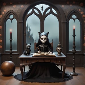 Cinematic shot, long shot, a gothic small girl in her gothic room sitting at a desk with a large leather old spellbook, in the style Nicoletta Ceccoli, Mark Ryden and Esao Andrews. minimalist style. a detailed elaborate gothic bedroom with william morris gothic scary wallpaper, velvet curtains, cluttered with creepy cat, monster ghost paintings, dolls, colorful potion bottles, magic circle on floor, ancient leather spellbooks, candelabra, skulls, witch brooms, healing crystals. creepy cat. night time. dark outside. full moon visible through large window. (((perfect female hands))) (((perfect fingers))) (((manicured painted long fingernails))),DonMD34thM4g1cXL,Dark Majic