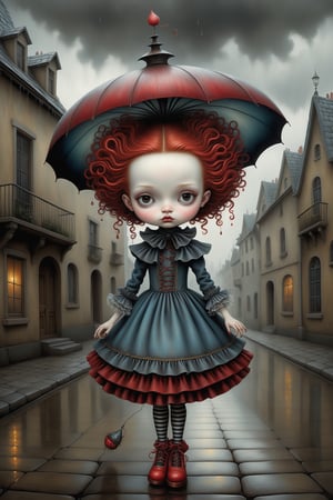 Cinematic scene - full body shot. in the style of Nicoletta Ceccoli, Mark Ryden and Esao Andrews. a picture of a pretty girl walking on a rainy cobblestone street. she has long vivid curly red hair. she is wearing an elaborate high fashion decorated rococo dress, stockings and shoes. her hair and dress are soaked from the rain. raindrops are falling from the sky. there is lightning and dark storm clouds in the sky. she is wearing an elaborate decorative umbrella hat. her hands are empty. in the style Nicoletta Ceccoli, Mark Ryden and Esao Andrews. dynamic pose. 