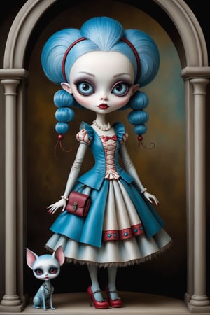 Cinematic scene - full body shot. in the style of Nicoletta Ceccoli, Mark Ryden and Esao Andrews. a detailed picture of ghoulia yelps, a monster high doll in the style Nicoletta Ceccoli, Mark Ryden and Esao Andrews.  REALISTIC