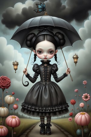 Cinematic scene - full body shot. in the style of Nicoletta Ceccoli, Mark Ryden and Esao Andrews. a detailed picture of a girl with long jet black hair in elaborate buns and braids smiling happy joyful its raining. she is wearing an elaborate high fashion gothic lolita outfit. there is lightning and dark storm clouds in the sky. she holds her umbrella above her head by the handle. she is standing in a flower garden. in the style Nicoletta Ceccoli, Mark Ryden and Esao Andrews. dynamic pose. 