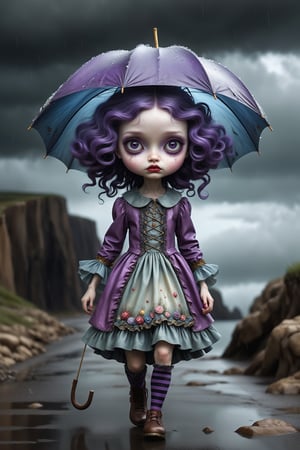Cinematic scene - full body shot. in the style of Nicoletta Ceccoli, Mark Ryden and Esao Andrews. a picture of a pretty girl walking in a rain storm on a cliff above the ocean below. she has long purple hair and bangs. she has gotic make-up on her eyes and face. she is wearing an elaborate high fashion decorated rococo dress, stockings and shoes. her hair and dress are soaking, dripping wet. raindrops are falling from the sky. there is lightning and dark storm clouds in the sky. (((she discarded her umbrella on the street behind her))). 