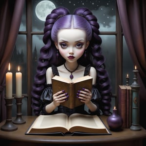 Cinematic shot of a beautiful young gothic lolita woman in the artistic style of Nicoletta Ceccoli, mark ryden and Esao Andrews. minimalist style. sweet smile. shiny long curly purple hair in twin pony tails. bangs. she is sitting at her desk reading an ancient large pictoral spellbook. it is night time, full moon outside of her window. her room has lit candles, old books, spellbooks, elaborate ancient magical books. witchcraft. feeling of exquisite beauty, whimsical dreams and magic. extremely detailed, (((perfect female anatomy))). extremely detailed, in the style of esao andrews, full body shot. dynamic pose. (((manicured long painted fingernails))) (((perfect hands and fingers))).