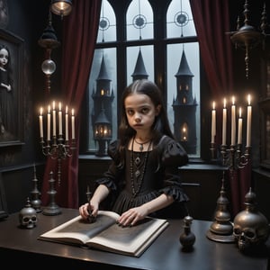Cinematic shot, long shot, a gothic small girl in her gothic room casting spells, in the style Nicoletta Ceccoli, Mark Ryden and Esao Andrews. minimalist style. a detailed elaborate gothic bedroom with william morris gothic scary wallpaper, velvet curtains, cluttered with creepy cat, monster ghost paintings, dolls, colorful potion bottles, magic circle on floor, ancient leather spellbooks, candelabra, skulls, witch brooms, healing crystals. creepy cat. night time. dark outside. full moon visible through large window. (((perfect female hands))) (((perfect fingers))) (((manicured painted long fingernails))),DonMD34thM4g1cXL,Dark Majic