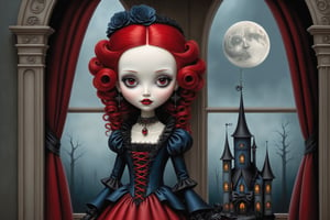 Cinematic scene - full body shot. in the style Nicoletta Ceccoli, Mark Ryden and Esao Andrews. a gothic  beautiful vampire girl with very long red curly hair, bright red eyes, mischevious scary smile, wearing elaborate earrings, necklace, and elaborate victorian gothic lolita dress in colors of dark blue, red black with elizabethan collar. black gloves. she is in her room standing next to her elaborate coffin. there is a large window and the full moon and scary forest in the distance. minimalist style. a detailed elaborate gothic bedroom. in the style Nicoletta Ceccoli, Mark Ryden and Esao Andrews.  REALISTIC