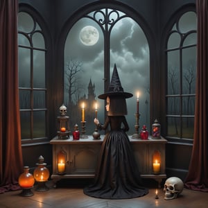 Cinematic shot, wide shot, a gothic small girl casting a spell in the style Nicoletta Ceccoli, Mark Ryden and Esao Andrews. minimalist style. a detailed elaborate gothic bedroom with patterned gothic wallpaper, velvet curtains, creepy paintings, dolls, colorful magical potion bottles, glowing magical circle with pentegram on floor, ancient leather spellbooks, candelabra, skulls, witch brooms, healing crystals. creepy cat. night time. dark outside. full moon visible through large window. (((perfect female hands))) (((perfect fingers))) (((manicured painted long fingernails)))