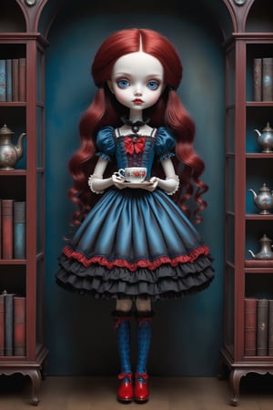 Cinematic full body shot of a beautiful young sweet gothic lolita woman in the artistic style of Nicoletta Ceccoli, Mark Ryden and Esao Andrews. minimalist style. sweet smile. bright blue eyes. shiny long red hair with fringe bangs. she is standing next to her window holding a teacup. it is night time, full moon dark sky outside of her window. she wears an elaborate sweet lolita dress in red blue white black colors, patterned stockings, victorian button pointy boots. a beautiful bjd doll sits on her bookshelf along with her old leather books and other little toys. feeling of exquisite beauty, whimsical dreams and magic. extremely detailed, (((perfect female anatomy))). extremely detailed, in the style of esao andrews, full body shot. head to toe shot. dynamic pose.
