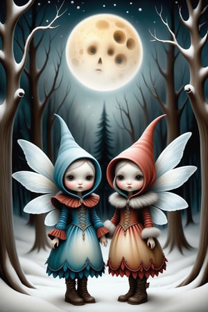 Cinematic scene - side view full body shot. in the style of Nicoletta Ceccoli, Mark Ryden and Esao Andrews. a detailed picture of cute fairy sisters with elaborate cold weather fairy costumes with fur trim, snowboots, and elaborate fairy wings snow falling icicles hanging on the trees snow falling under a full moon in a magical forest