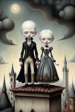 Cinematic scene - full body shot. in the style of Nicoletta Ceccoli, Mark Ryden and Esao Andrews. a detailed picture of an albino man and woman in an elaborate high fashion outfit standing on the roof of a high rise building in a gothic city in the style of Nicoletta Ceccoli, Mark Ryden and Esao Andrews. 