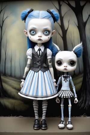 Cinematic scene - full body shot. in the style of Nicoletta Ceccoli, Mark Ryden and Esao Andrews. a detailed picture of frankie stein, black white and blue striped hair, schoolgirl vest and skirt, prosthetic metal leg from monster high with her pet robot-dog watzit in the style Nicoletta Ceccoli, Mark Ryden and Esao Andrews. 