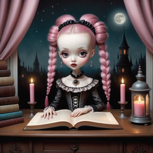 Cinematic shot of a beautiful young sweet gothic lolita woman in the artistic style of Nicoletta Ceccoli, mark ryden and Esao Andrews. minimalist style. sweet smile. shiny long pink hair in elaborate braids and buns. she is sitting at her desk. she has an open magic book on her desk.. it is night time, full moon outside of her window. her room has lit candles, old books, magical decorations. feeling of exquisite beauty, whimsical dreams and magic. extremely detailed, (((perfect female anatomy))). extremely detailed, in the style of esao andrews, full body shot. head to toe shot. dynamic pose.