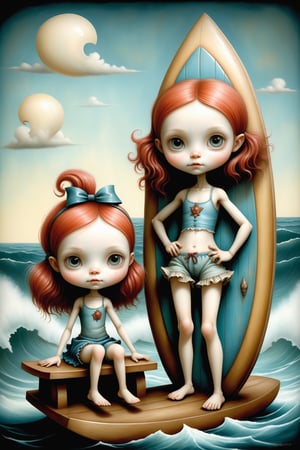 Cinematic scene - full body shot.  in the style of Nicoletta Ceccoli, Mark Ryden and Esao Andrews. a detailed picture of a cute surfer girl and cute surfer boy sitting on a large surfboard in the ocean smiling, ocean waves splashing, wearing bikini, swimming shorts, tank top, beach wear, in the style Nicoletta Ceccoli, Mark Ryden and Esao Andrews.