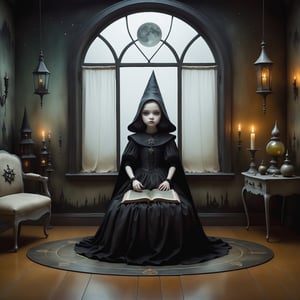 Cinematic shot, wide shot, a transparent ghost of a small girl floating above the floor in the style Nicoletta Ceccoli, Mark Ryden and Esao Andrews. minimalist style. in a detailed elaborate gothic bedroom with witch pattern wallpaper, creepy paintings on the walls, dolls, colorfull magical potion bottles, old ancient leather spellbooks, candelabra, skulls, witch brooms, healing crystals. creepy cat. pentacle, night time. full moon can be seen through the large window. 
