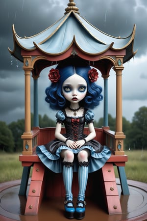 Cinematic scene - full body shot. in the style of Nicoletta Ceccoli, Mark Ryden and Esao Andrews. a picture of a pretty girl sitting under an elaborate gazebo in the pouring rain. she has long dark blue hair. she has gothic make-up on her eyes and face. she is wearing an elaborate high fashion decorated rococo dress, stockings and shoes. raindrops are falling from the sky. there is lightning and dark storm clouds in the sky. 