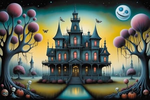 Cinematic scene - detailed, intricate strange haunted mansion with ghosts, aliens, weird, otherworldly never before seen colorful plants in the style of Nicoletta Ceccoli, Mark Ryden and Esao Andrews. night time full moon, glowing luminescent plants, flowers, trees, Nicoletta Ceccoli, Mark Ryden and Esao Andrews. 