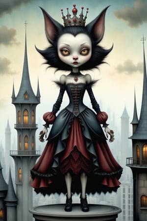Cinematic scene - full body shot. in the style of Nicoletta Ceccoli, Mark Ryden and Esao Andrews. a detailed picture of a werewolf queen woman in an elaborate high fashion outfit standing on the roof of a high rise building in a gothic city in the style of Nicoletta Ceccoli, Mark Ryden and Esao Andrews. 