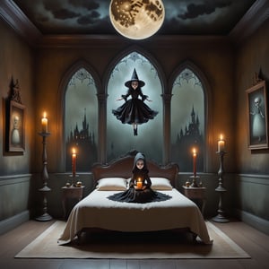 Cinematic shot, wide shot, a transparent ghost of a small girl floating above the floor in the style Nicoletta Ceccoli, Mark Ryden and Esao Andrews. minimalist style. in a detailed elaborate gothic bedroom with witch pattern wallpaper, creepy paintings on the walls, dolls, magical potions, old ancient leather spellbooks, candelabra with lit candles, skulls, witch brooms, healing crystals. night time. full moon can be seen through the large window. 