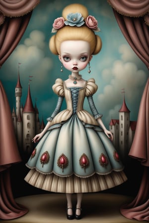 Cinematic scene - full body shot. in the style of Nicoletta Ceccoli, Mark Ryden and Esao Andrews. a detailed picture of anya taylor-joy in an elaborate high fashion outfit in the style Nicoletta Ceccoli, Mark Ryden and Esao Andrews. 