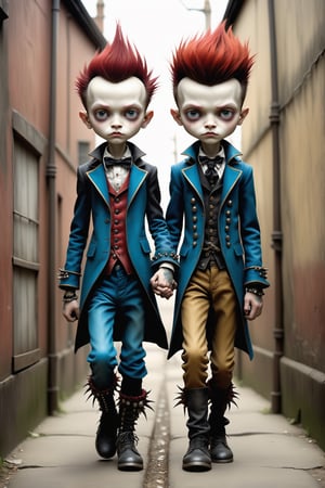 Cinematic scene - full body shot. in the style of Nicoletta Ceccoli, Mark Ryden and Esao Andrews. a detailed picture of a punk boy and boy holding hands in a london alleyway in elaborate high fashion punk outfits in the style Nicoletta Ceccoli, Mark Ryden and Esao Andrews. 