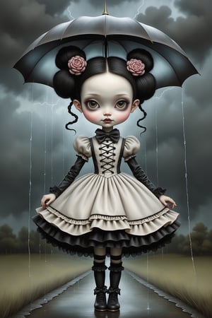 Cinematic scene - full body shot. in the style of Nicoletta Ceccoli, Mark Ryden and Esao Andrews. a detailed picture of a girl with long jet black hair in elaborate buns and braids smiling happy joyful its raining. she is wearing an elaborate high fashion gothic lolita outfit. the rain is falling and there is lightning, dark storm clouds in the sky. in the style Nicoletta Ceccoli, Mark Ryden and Esao Andrews. dynamic pose. she is dancing in the rain. her clothes and hair are wet. 