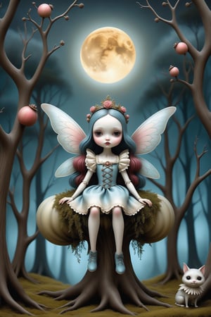 Cinematic scene - wide shot full body. in the style of Nicoletta Ceccoli, Mark Ryden and Esao Andrews. a detailed picture of cute gothic lolita fairy with elaborate fairy costume and elaborate fairy wings sitting in a tall tree high above a magical forest at night under a full moon.