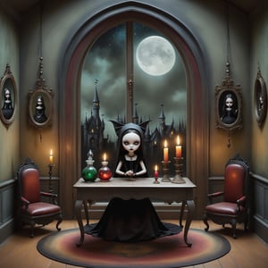 Cinematic shot, wide shot, a gothic small girl casting a spell in the style Nicoletta Ceccoli, Mark Ryden and Esao Andrews. minimalist style. a detailed elaborate gothic bedroom with patterned gothic wallpaper, velvet curtains, cluttered with creepy paintings, dolls, colorful potion bottles, magic circle on floor, ancient leather spellbooks, candelabra, skulls, witch brooms, healing crystals. creepy cat. night time. dark outside. full moon visible through large window. (((perfect female hands))) (((perfect fingers))) (((manicured painted long fingernails)))