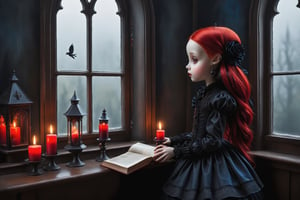 Cinematic scene - long shot side view, a gothic small girl, vibrant red long hair, bright red eyes, elaborate earrings, necklace, wearing elaborate gothic lolita dress in red black dark blue colors, black gloves. she is in her gothic room looking out her large window in the style Nicoletta Ceccoli, Mark Ryden and Esao Andrews. minimalist style. a detailed elaborate gothic bedroom. dark william morris style patterned wallpaper, creepy portraits on the walls, dolls, ancient leather spellbooks, lanterns, candles, skulls, witch brooms, ghosts. midnight. dark outside. full moon visible through large window. in the style of Esao Andrews, Nicoletta Ceccoli, REALISTIC