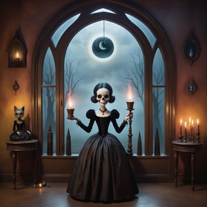 Cinematic shot, wide shot, a transparent ghost of a small girl casting a spell in the style Nicoletta Ceccoli, Mark Ryden and Esao Andrews. minimalist style. a detailed elaborate gothic bedroom with patterned gothic wallpaper, velvet curtains, creepy paintings, dolls, colorful magical potion bottles, glowing magical circle with pentegram on floor, ancient leather spellbooks, candelabra, skulls, witch brooms, healing crystals. creepy cat. night time. dark outside. full moon can be seen through the large window. (((perfect female hands))) (((perfect fingers))) (((manicured painted long fingernails)))