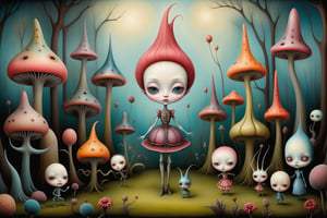 Cinematic scene - detailed, intricate strange garden with alien, weird, otherworldly never before seen colorful plants in the style of Nicoletta Ceccoli, Mark Ryden and Esao Andrews. Nicoletta Ceccoli, Mark Ryden and Esao Andrews. 