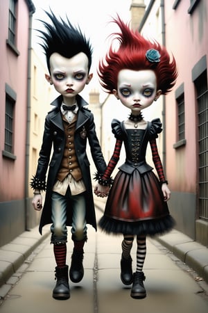 Cinematic scene - full body shot. in the style of Nicoletta Ceccoli, Mark Ryden and Esao Andrews. a detailed picture of a punk girl and boy holding hands in a london alleyway in elaborate high fashion punk outfits in the style Nicoletta Ceccoli, Mark Ryden and Esao Andrews. 