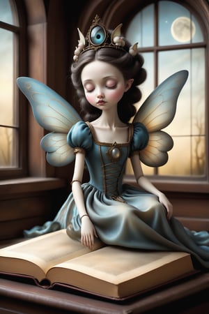 Cinematic scene - side view full body shot. in the style of Nicoletta Ceccoli, Mark Ryden and Esao Andrews. a detailed picture of cute fairy sisters with elaborate fairy costume and elaborate fairy wings sleeping eyes closed lying down on a giant elaborate open picture book in a library of ancient books at night, full moon through the large window.