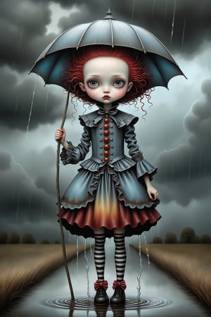 Cinematic scene - full body shot. in the style of Nicoletta Ceccoli, Mark Ryden and Esao Andrews. a detailed picture of a girl in an elaborate high fashion outfit soaking wet standing in the rain, lightning and stormy sky above her in the style Nicoletta Ceccoli, Mark Ryden and Esao Andrews. 
