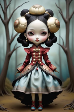 Cinematic scene - full body shot. in the style of Nicoletta Ceccoli, Mark Ryden and Esao Andrews. a detailed picture of an asian bjd doll with elaborate asian outfit, ball jointed doll, in the style Nicoletta Ceccoli, Mark Ryden and Esao Andrews. 
