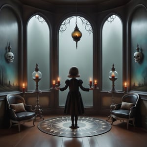 Cinematic shot, wide shot, a transparent ghost of a small girl floating above the floor in the style Nicoletta Ceccoli, Mark Ryden and Esao Andrews. minimalist style. in a detailed elaborate gothic bedroom with patterned gothic wallpaper, creepy paintings on the walls, dolls, colorful magical potion bottles, glowing magical circle with pentegram on floor, ancient leather spellbooks, candelabra, skulls, witch brooms, healing crystals. creepy cat. night time. dark outside. full moon can be seen through the large window. (((perfect female hands))) (((perfect fingers))) (((manicured painted long fingernails)))