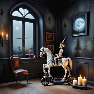 Cinematic shot, wide shot, a rocking skeleton horse elaborate paint in the style Nicoletta Ceccoli, Mark Ryden and Esao Andrews. minimalist style. in a gothic bedroom with creepy wallpaper, dolls, magical potions, old ancient leather spellbooks, candles, skulls, witch brooms, healing crystals. night time, full moon can be seen through the large window.