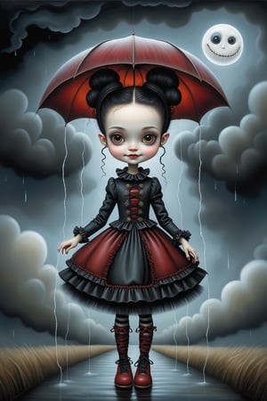 Cinematic scene - full body shot. in the style of Nicoletta Ceccoli, Mark Ryden and Esao Andrews. a detailed picture of a girl with long jet black hair in elaborate buns and braids smiling happy joyful its raining. she is in an elaborate high fashion outfit. the rains is falling and there is lightning and stormy sky above her in the style Nicoletta Ceccoli, Mark Ryden and Esao Andrews. 